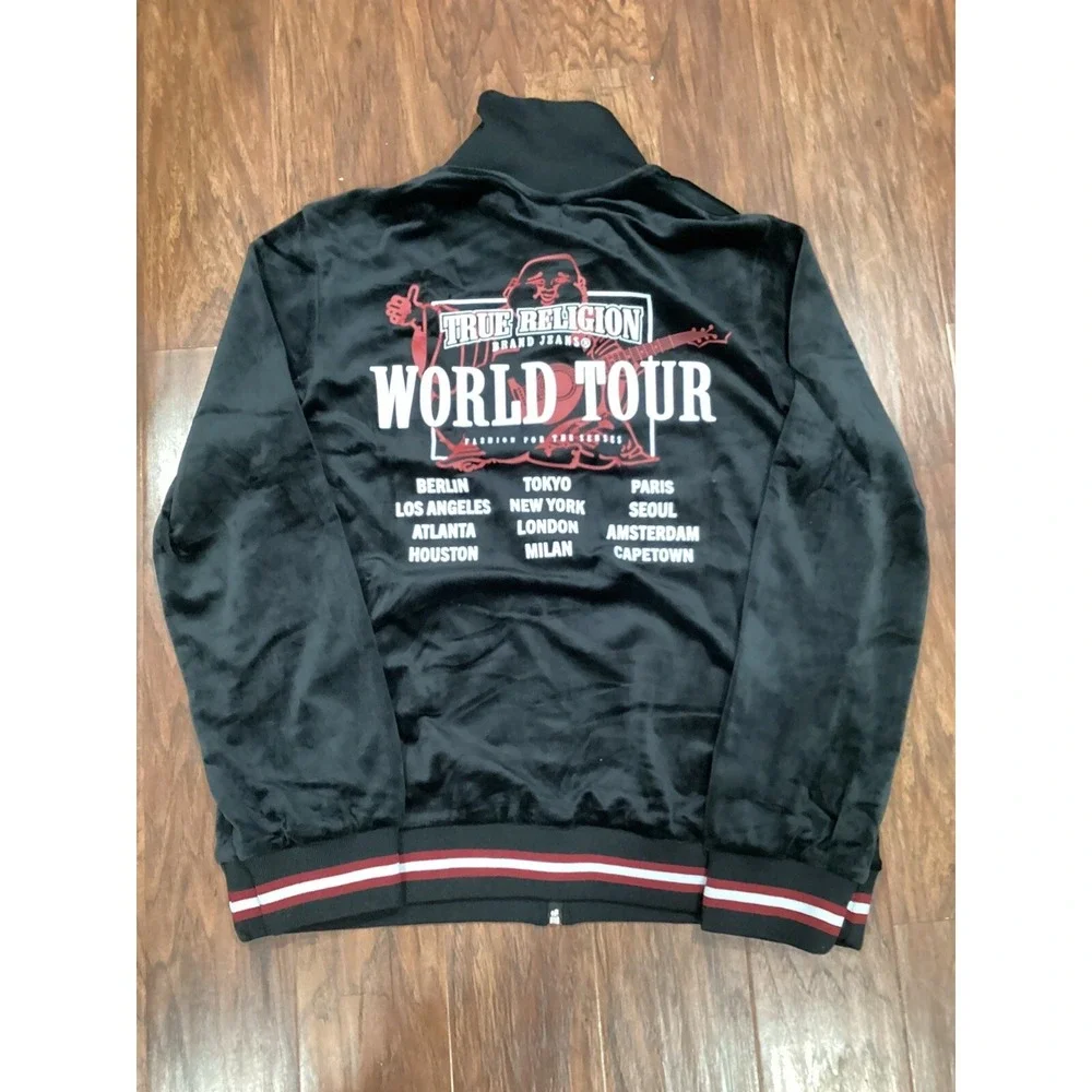 True Religion Velour Tour Track Jacket Jet Black Size M Full Zip $139 Value